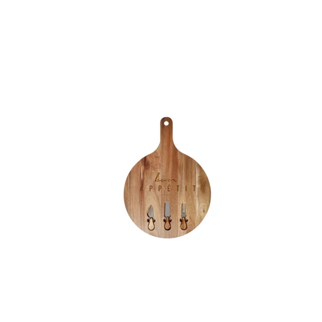 Mason Serving Board With Cheese Knives -Round Natural